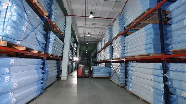 mats production, mattress warehouse on production, skidder for mattresses, modern factory, mattresses in stock, general plan, interior