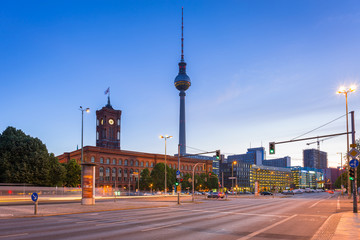 Architecture of city center in Berlin at dawn, Germany.