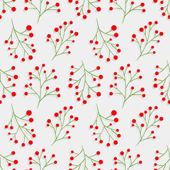 Seamless Christmas pattern with rowan branches. Vector texture with berries. Red berry. Merry Christmas. Happy New Year.