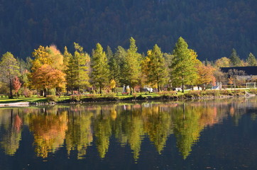 Herbstliche Spiegelungen im Wasser des Hallstätter Sees