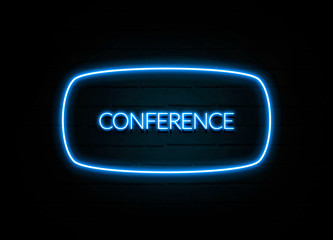 Conference  - colorful Neon Sign on brickwall