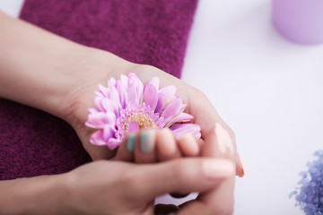 Obraz na płótnie Canvas Beautiful manicure. Spa treatments of nails and hands. Soaking the hands in the handkerchief. The concept of spa and beauty.