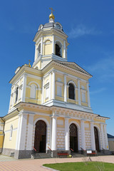 Fototapeta na wymiar Vysotsky monastery in Serpukhov, Russia. The belltower and the gate Church of the three hierarchs. Orthodox monastery