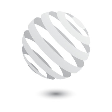 3d style minimal logo design in soft white color with shadow under. Isolated vector illustration of a white striped globe logotype. Symbol of futuristic design, architecture or modern startup company