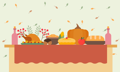Vector illustration of a big banquet table with drinks and eating fruit. Festive holiday dinner. Christmas table. Flat style. Table for Thanksgiving Day.
