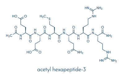 Acetyl hexapeptide-3 (argireline) molecule. Peptide fragment of SNAP-25. Used in cosmetics to treat wrinkles. Skeletal formula.