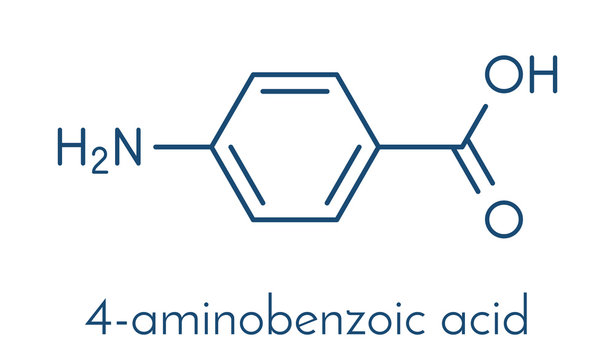 4-aminobenzoic acid (PABA, aminobenzoate) molecule.  Skeletal formula.