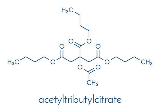Acetyl tributyl citrate (ATBC) plasticizer molecule. Biodegradable alternative to phthalate plasticizers. Skeletal formula.