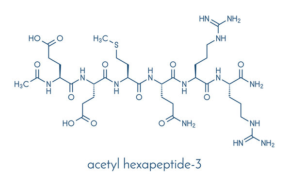 Acetyl hexapeptide-3 (argireline) molecule. Peptide fragment of SNAP-25. Used in cosmetics to treat wrinkles. Skeletal formula.