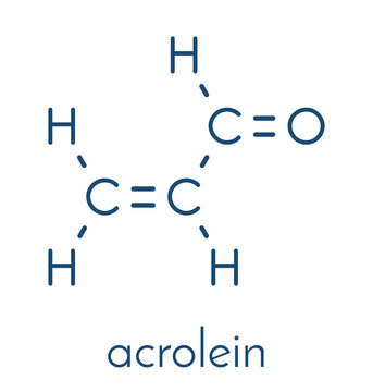 Acrolein (propenal) molecule. Toxic molecule that is formed when fat or oil is heated and is present in e.g. french fries. Skeletal formula.