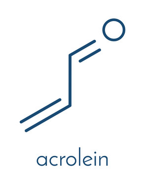 Acrolein (propenal) molecule. Toxic molecule that is formed when fat or oil is heated and is present in e.g. french fries. Skeletal formula.