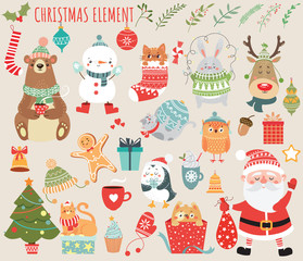 Set of Christmas and New Year elements with animals and Santa. Vector illustration.