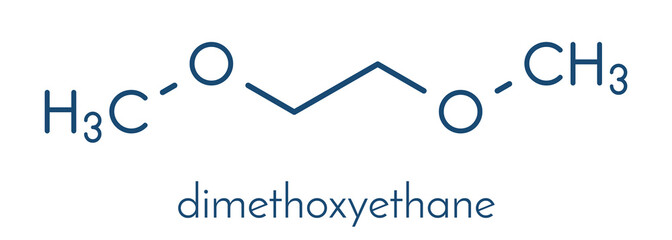 Dimethoxyethane (glyme, DME, dimethylene glycol) chemical solvent molecule. Skeletal formula.