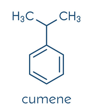 Cumene (isopropylbenzene) aromatic hydrocarbon molecule. Skeletal formula.