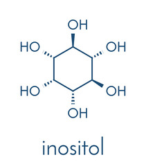 inositol (myo-inositol) molecule. Inositol and its phosphates play essential roles in a number of biological processes. Skeletal formula.
