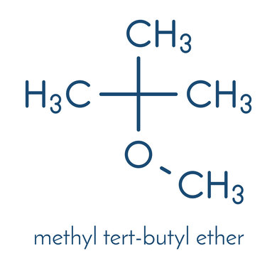 Methyl tert-butyl ether (MTBE, tBME) gasoline additive molecule. Skeletal formula.