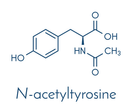 N-acetyl-tyrosine (NALT) molecule. Acetylated form of the amino acid tyrosine. Skeletal formula.