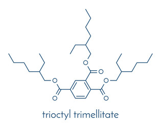 tri-octyl-trimellitate (TOTM, tris (2-ethylhexyl) trimellitate) plasticizer molecule. Alternative to phthalate plasticizers. Skeletal formula.