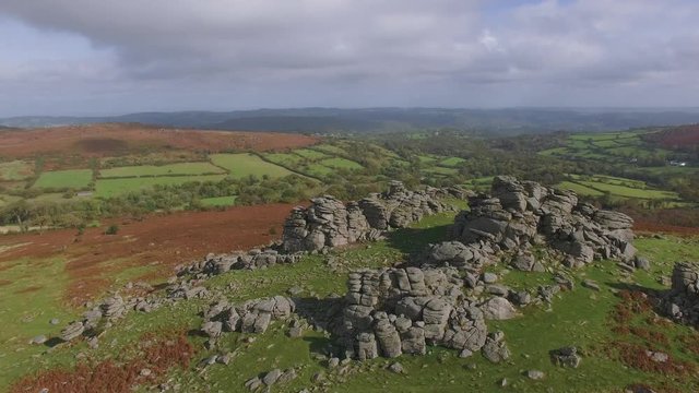 Aerial Drone Footage of Houndtor Rocks, Dartmoor National Park, Devon, British Countryside Landscape