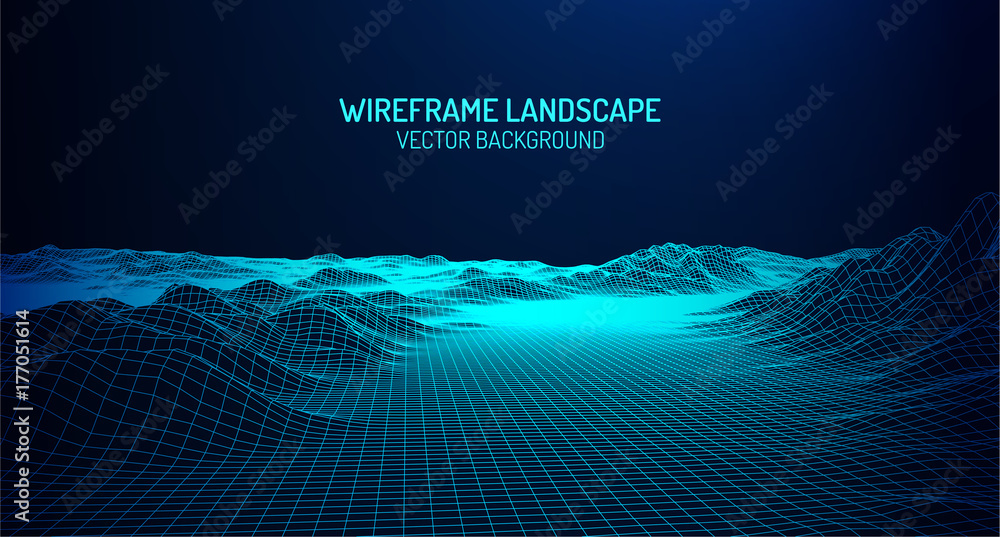 Poster abstract digital landscape with particles dots and stars on horizon. wireframe landscape background.