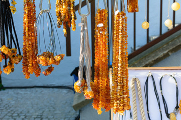 Typical amber jewellery sold at a stand in the Old Town of Gdansk.