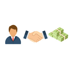 Businessman shaking hands on a signed contract and stack of money business icons