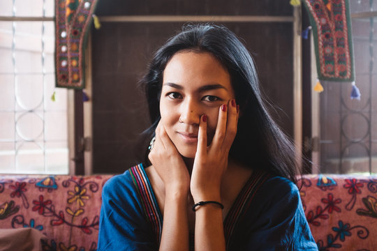 Beautiful Thai Woman in Traditional Northern Thai Blue Dress
