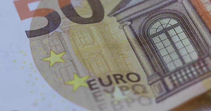 Euro banknote 50 (currency of the European Union) - selective focus, rotation. (4 k ungraded )