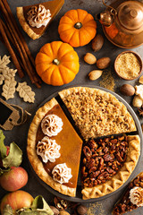 Fall traditional pies pumpkin, pecan and apple crumble © fahrwasser
