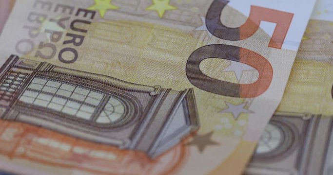 Euro banknote 50 (currency of the European Union) - selective focus, rotation. (4 k ungraded )