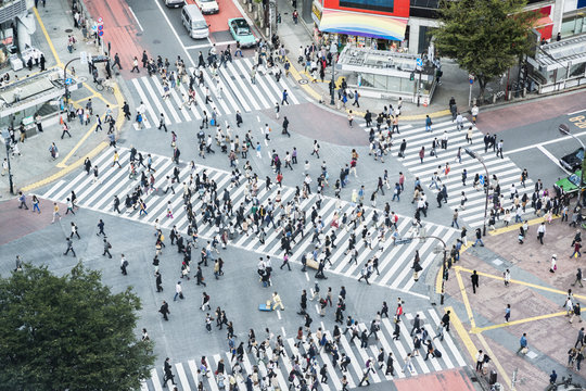 Crowd of people from above at Shibuya Scramble Intersection