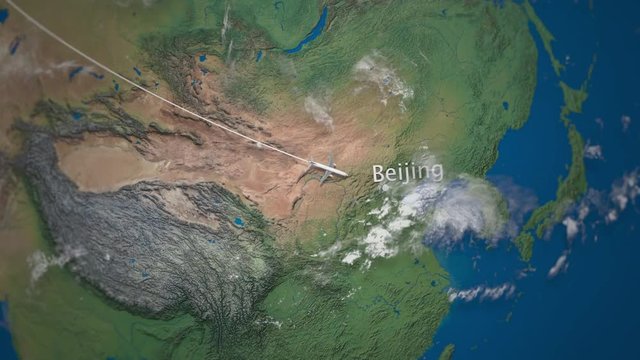Route of commercial airplane flying from Berlin to Beijing the Earth globe. International trip intro animation