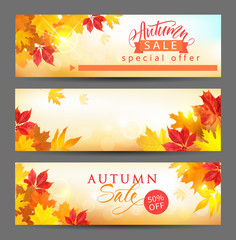 Naklejka na ściany i meble Autumn sale banners with colored leaves and lettering. Vector set.