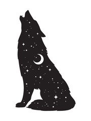 Obraz premium Sylwetka wilka z półksiężycem i gwiazdami na białym tle. Naklejka, czarna praca, druk lub ilustracja wektorowa projekt tatuażu flash. Pogański totem, wiccanowska sztuka chowańca