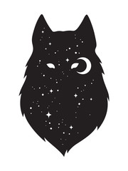 Fototapeta premium Silhouette of wolf with crescent moon and stars isolated. Sticker, black work, print or flash tattoo design vector illustration. Pagan totem, wiccan familiar spirit art