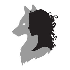 Obraz premium Sylwetka pięknej kobiety z cieniem wilka na białym tle. Ilustracja wektorowa projekt naklejki, druku lub tatuażu. Pogański totem, wiccanowska sztuka chowańca