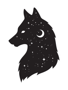 Silhouette of wolf with crescent moon and stars isolated. Sticker, black work, print or flash tattoo design vector illustration. Pagan totem, wiccan familiar spirit art