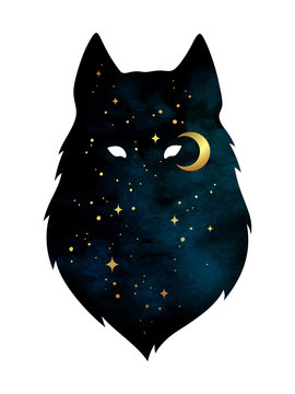 Silhouette of wolf with crescent moon and stars isolated. Sticker, print or tattoo design vector illustration. Pagan totem, wiccan familiar spirit art
