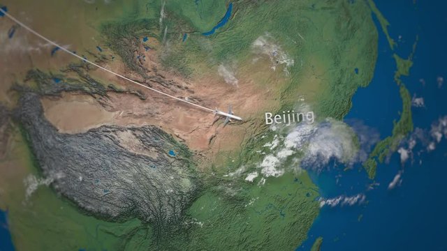 Route of commercial airplane flying from Paris to Beijing on the Earth globe. International trip intro animation
