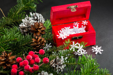 Still life composition with Christmas decorations and objects