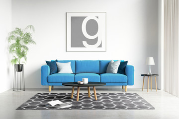 Contemporary modern interior with blue sofa