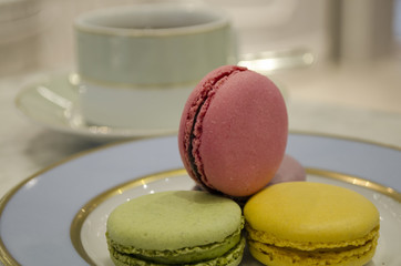 sweet and colourful french macaroons with tea cup