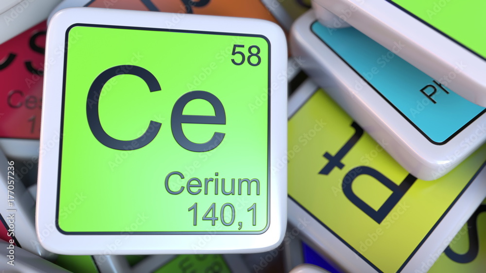 Poster cerium ce block on the pile of periodic table of the chemical elements blocks. 3d rendering
