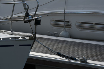 Yacht moored bow onto a pontoon