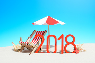 Happy new year on the beach concept. 2018 sign and a lounge chair with umbrella