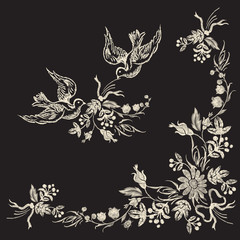 Embroidery floral corner pattern with wild flowers and pigeons. Vector traditional design set with chamomiles for wearing.