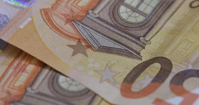 Euro banknote 50 (currency of the European Union) - selective focus, rotation. (4 k ungraded )