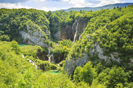 Aerial view on Plitvice lakes and waterfalls, Croatia