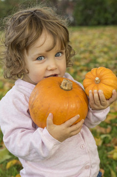Adorable little girl embracing pumpkins on an autumn field