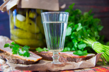 Traditional Ukrainian and Russian appetizer when dining. Food when drinking alcohol. Vodka and sandwiches with bacon, garlic and pickles.